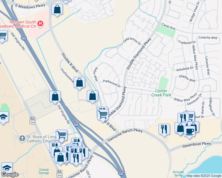 map of restaurants, bars, coffee shops, grocery stores, and more near 10570 Vista Alta Drive in Reno