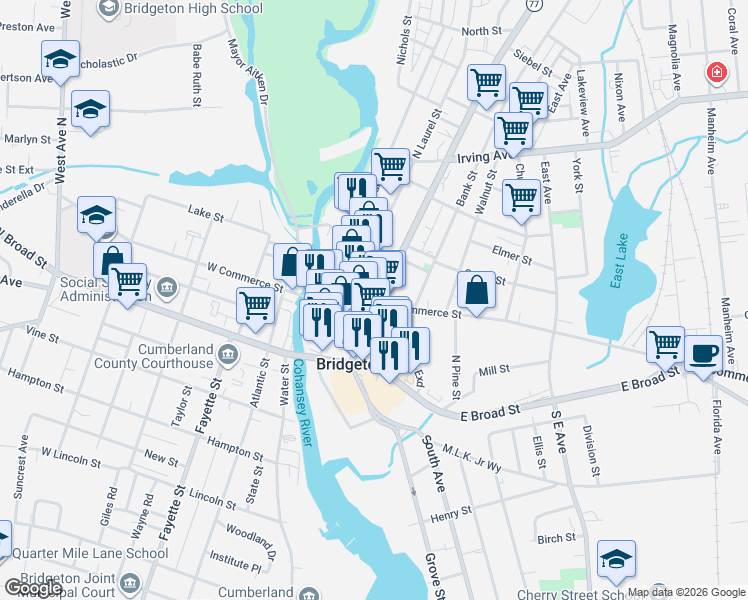map of restaurants, bars, coffee shops, grocery stores, and more near 133 East Commerce Street in Bridgeton