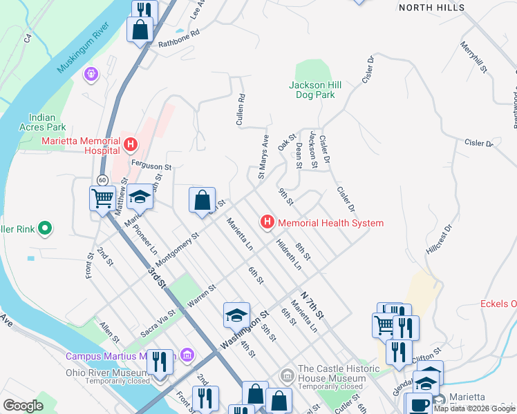 map of restaurants, bars, coffee shops, grocery stores, and more near 718 8th Street in Marietta