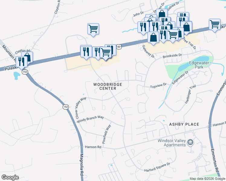 map of restaurants, bars, coffee shops, grocery stores, and more near 1301 Cedar Crest Court in Edgewood