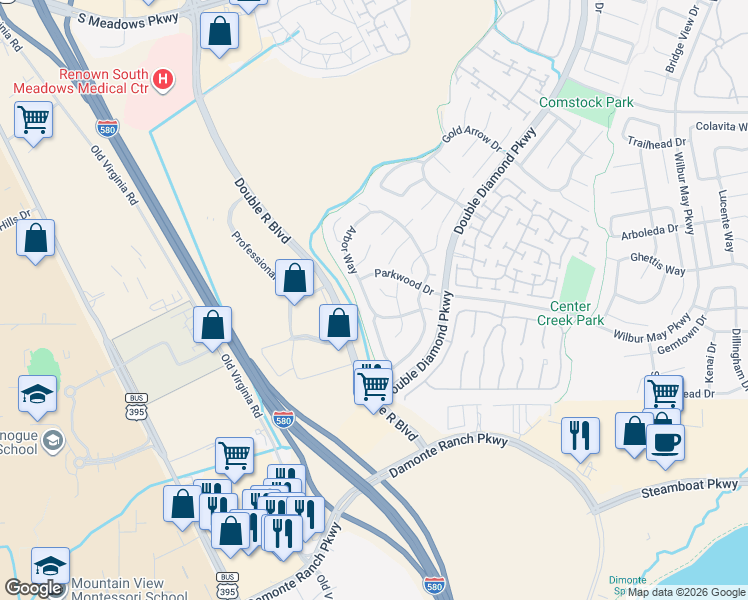 map of restaurants, bars, coffee shops, grocery stores, and more near 10650 Arbor Way in Reno
