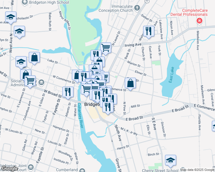 map of restaurants, bars, coffee shops, grocery stores, and more near 133 East Commerce Street in Bridgeton