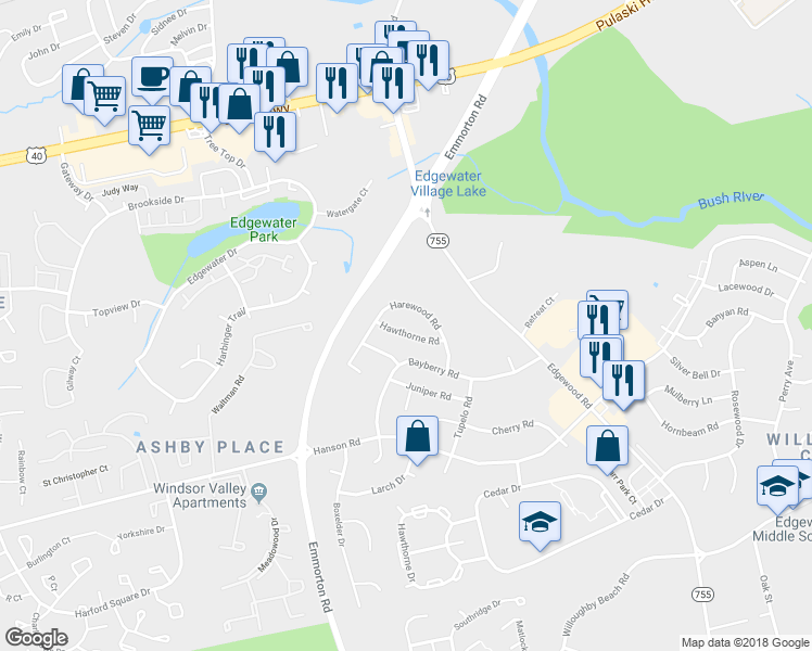 map of restaurants, bars, coffee shops, grocery stores, and more near 1906 Hawthorne Road in Edgewood