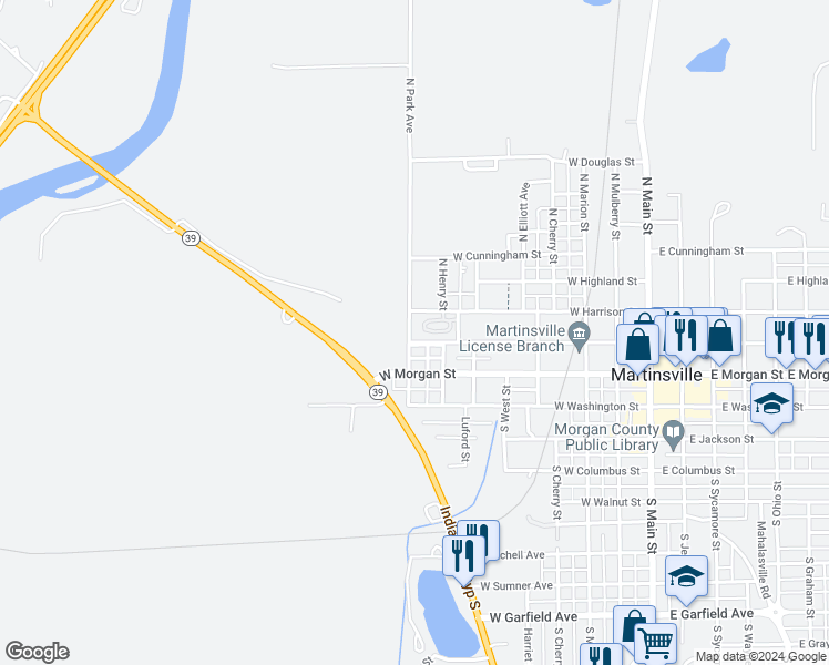 map of restaurants, bars, coffee shops, grocery stores, and more near 680 West Pike Street in Martinsville