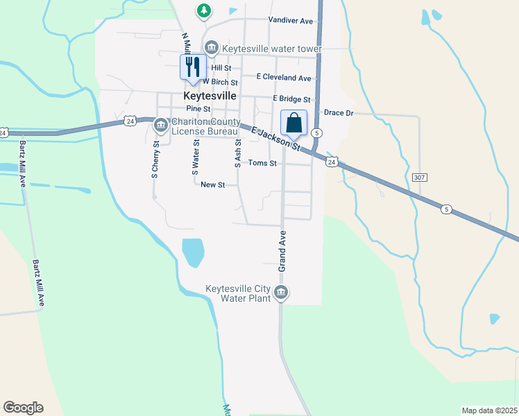 map of restaurants, bars, coffee shops, grocery stores, and more near 798-898 South Ash Street in Keytesville