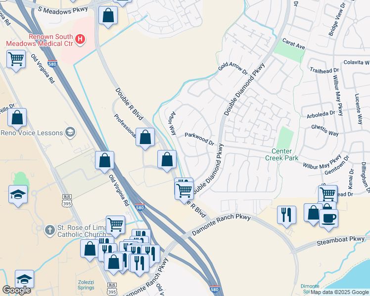 map of restaurants, bars, coffee shops, grocery stores, and more near 10650 Arbor Way in Reno