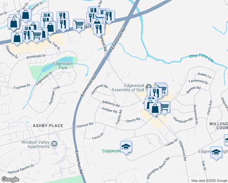map of restaurants, bars, coffee shops, grocery stores, and more near 1936 Harewood Road in Edgewood
