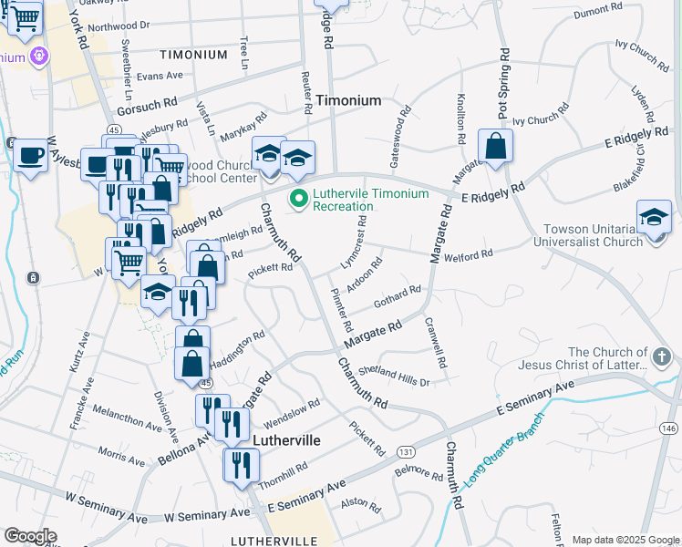 map of restaurants, bars, coffee shops, grocery stores, and more near 1703 Lynncrest Road in Lutherville-Timonium