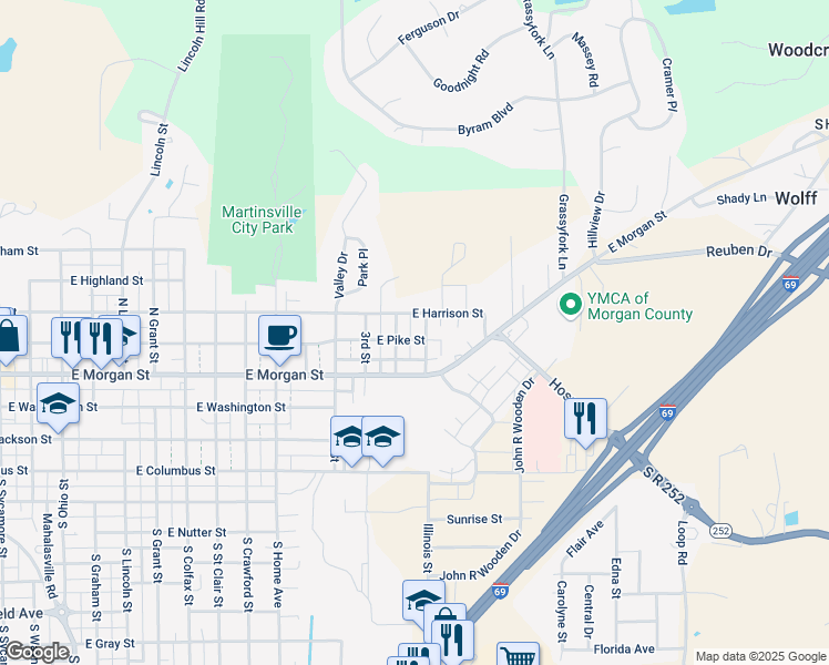 map of restaurants, bars, coffee shops, grocery stores, and more near 1510 East Pike Street in Martinsville