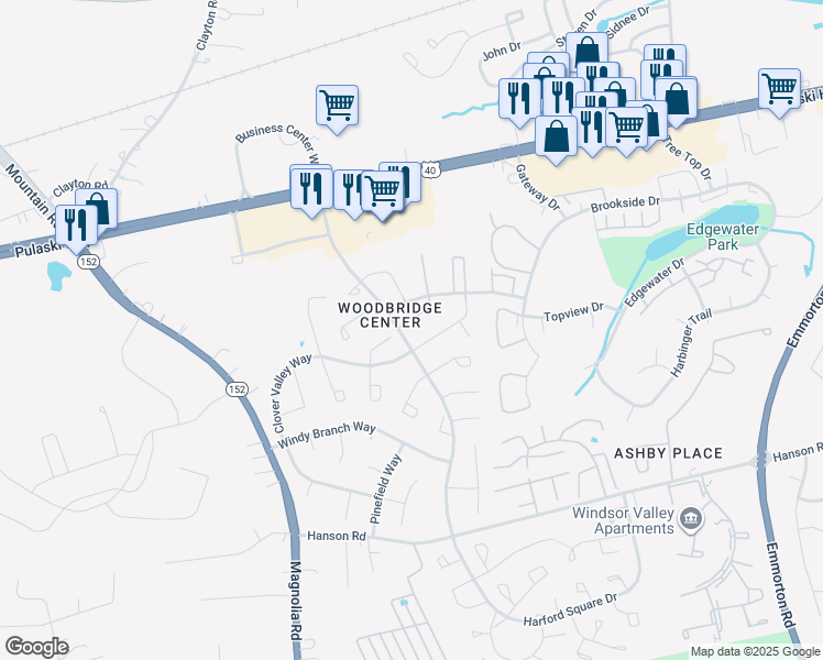 map of restaurants, bars, coffee shops, grocery stores, and more near 1301 Cedar Crest Court in Edgewood