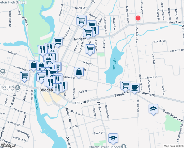 map of restaurants, bars, coffee shops, grocery stores, and more near 84 Cedar Street in Bridgeton