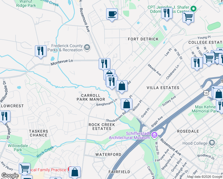 map of restaurants, bars, coffee shops, grocery stores, and more near 1812 Rosemont Avenue in Frederick