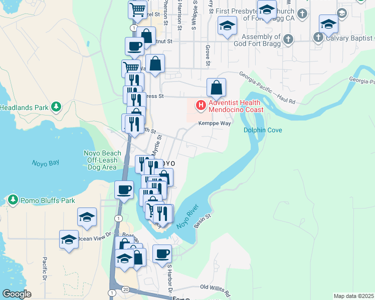 map of restaurants, bars, coffee shops, grocery stores, and more near 400 South Street in Fort Bragg