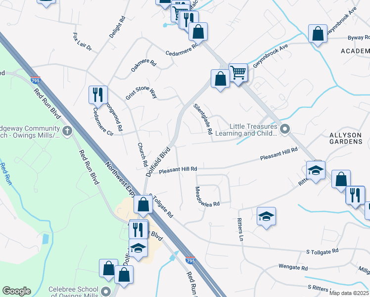 map of restaurants, bars, coffee shops, grocery stores, and more near 79 Featherbed Lane in Owings Mills