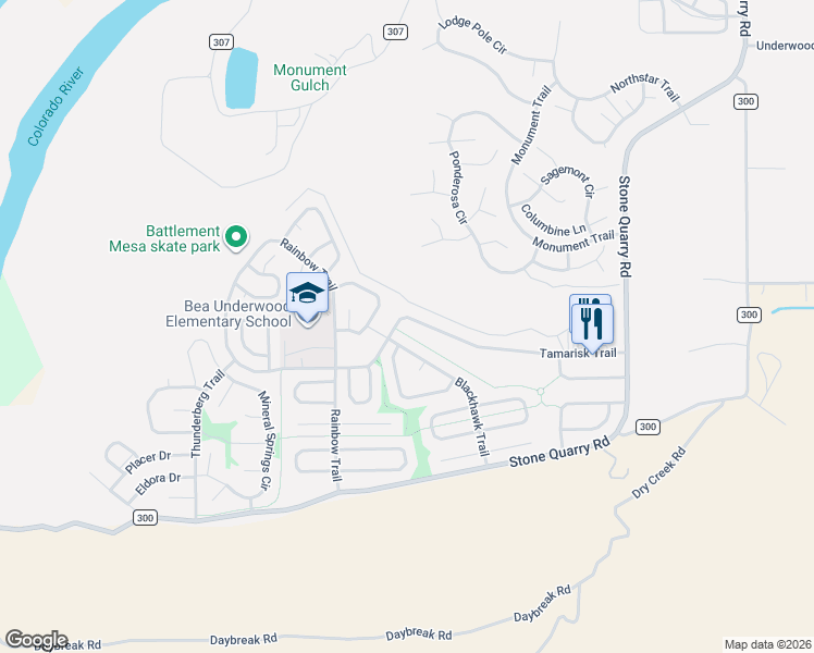 map of restaurants, bars, coffee shops, grocery stores, and more near 460 Tamarisk Trail in Battlement Mesa