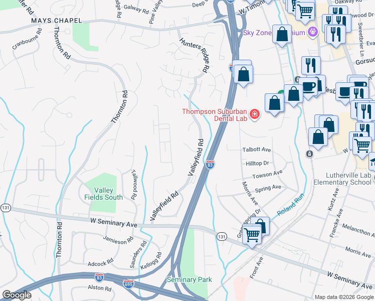 map of restaurants, bars, coffee shops, grocery stores, and more near 805 Dartmoor Road in Lutherville-Timonium