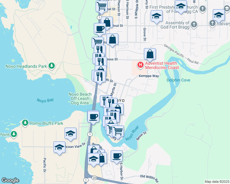 map of restaurants, bars, coffee shops, grocery stores, and more near 840 Myrtle Street in Fort Bragg