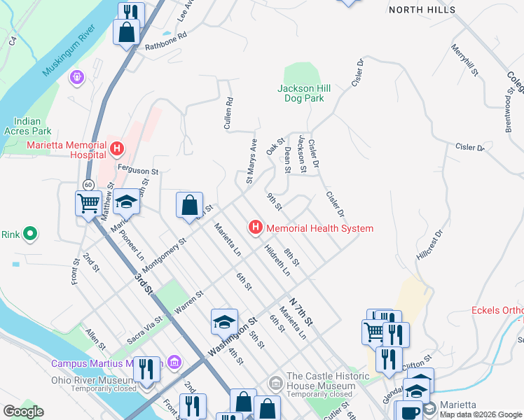 map of restaurants, bars, coffee shops, grocery stores, and more near 718 8th Street in Marietta