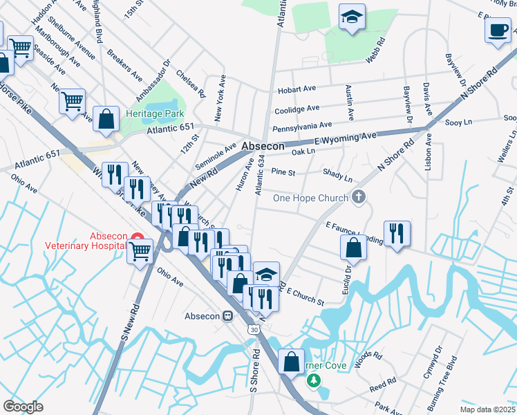 map of restaurants, bars, coffee shops, grocery stores, and more near 143 West Faunce Landing Road in Absecon