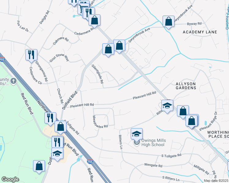 map of restaurants, bars, coffee shops, grocery stores, and more near 36 Pleasant Hill Road in Owings Mills