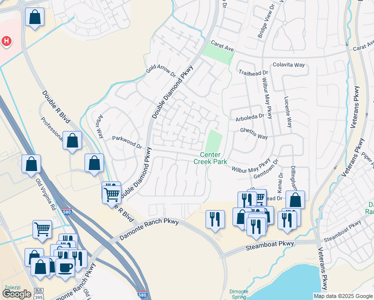 map of restaurants, bars, coffee shops, grocery stores, and more near 10584 Iron Point Circle in Reno