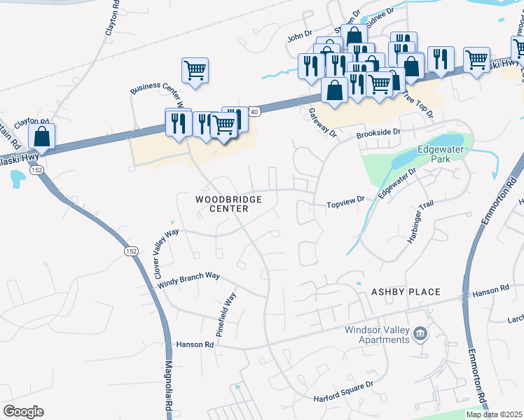 map of restaurants, bars, coffee shops, grocery stores, and more near 1302D Clover Valley Way in Edgewood