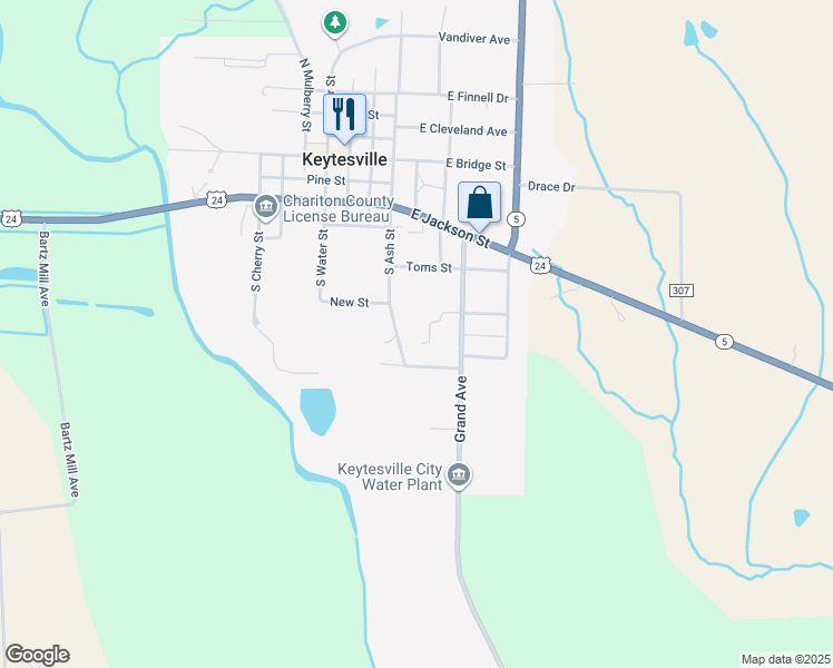 map of restaurants, bars, coffee shops, grocery stores, and more near 798 South Ash Street in Keytesville