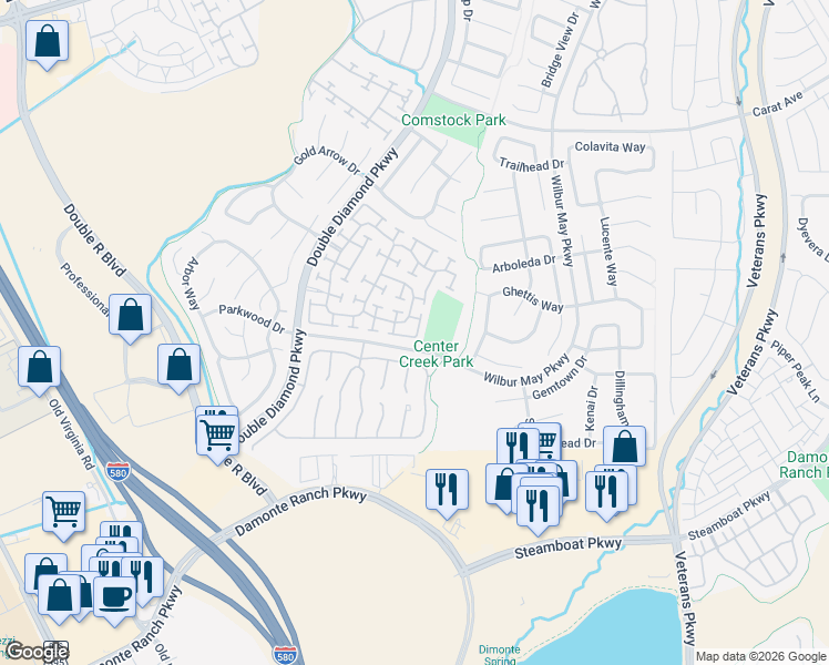 map of restaurants, bars, coffee shops, grocery stores, and more near 10552 Iron Point Circle in Reno