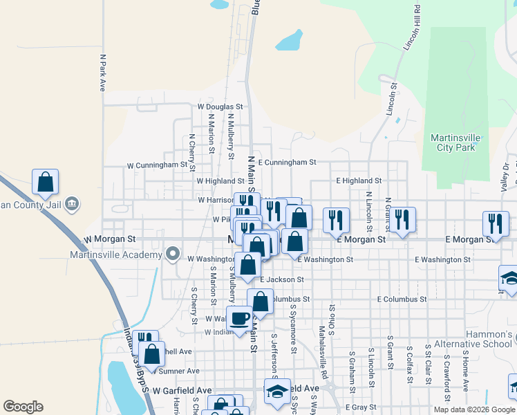map of restaurants, bars, coffee shops, grocery stores, and more near 215 North Main Street in Martinsville