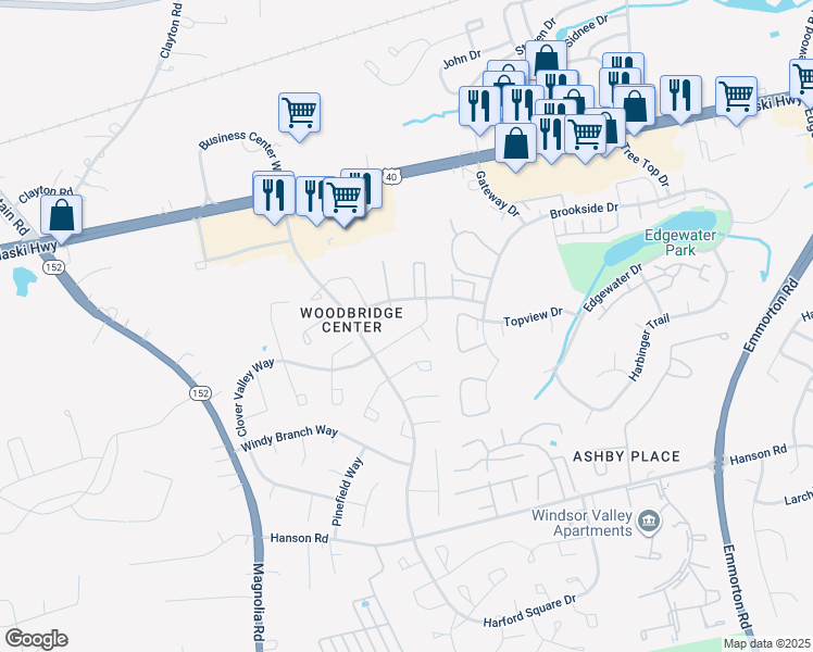 map of restaurants, bars, coffee shops, grocery stores, and more near 1302D Clover Valley Way in Edgewood