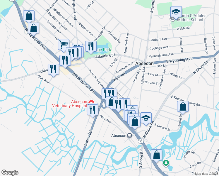 map of restaurants, bars, coffee shops, grocery stores, and more near 332 New Jersey Avenue in Absecon