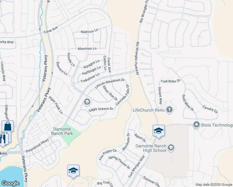 map of restaurants, bars, coffee shops, grocery stores, and more near 10095 Kentfield Place in Reno