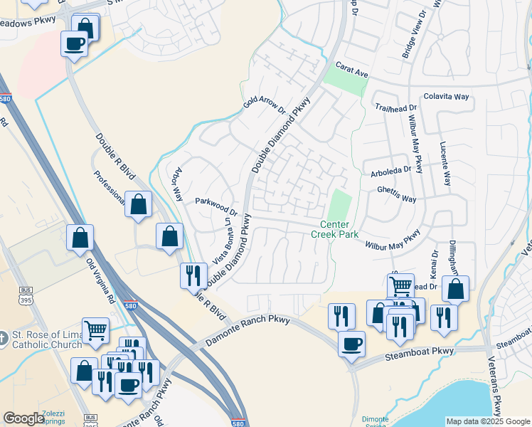 map of restaurants, bars, coffee shops, grocery stores, and more near 1641 Emerald Bay Drive in Reno