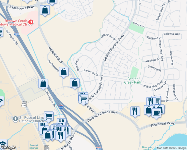 map of restaurants, bars, coffee shops, grocery stores, and more near 10570 Vista Alta Drive in Reno