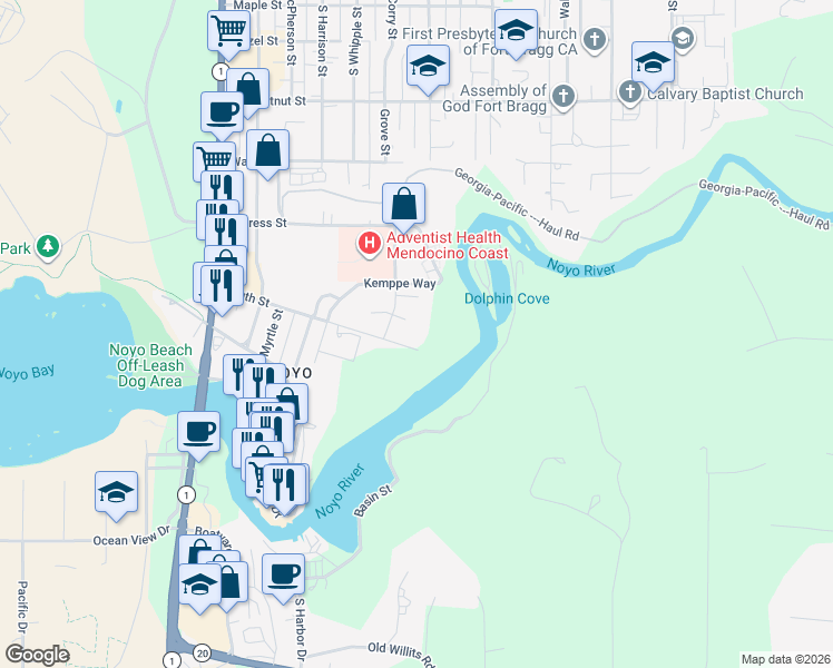 map of restaurants, bars, coffee shops, grocery stores, and more near 499 South Street in Fort Bragg
