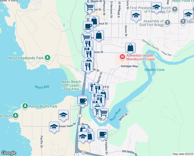 map of restaurants, bars, coffee shops, grocery stores, and more near 840 Myrtle Street in Fort Bragg