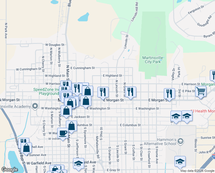 map of restaurants, bars, coffee shops, grocery stores, and more near 510 East Pike Street in Martinsville