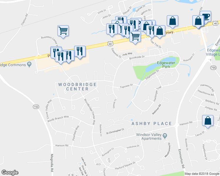 map of restaurants, bars, coffee shops, grocery stores, and more near 1708 Fountain Rock Way in Edgewood