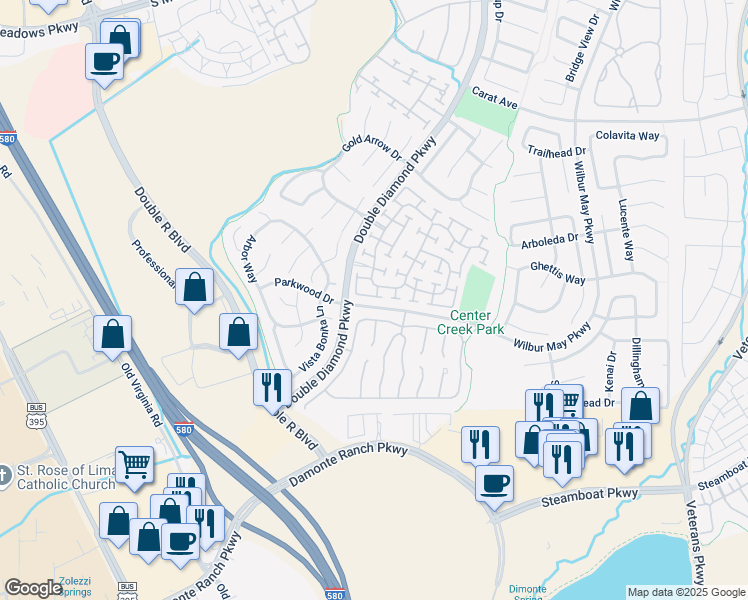 map of restaurants, bars, coffee shops, grocery stores, and more near 1641 Emerald Bay Drive in Reno