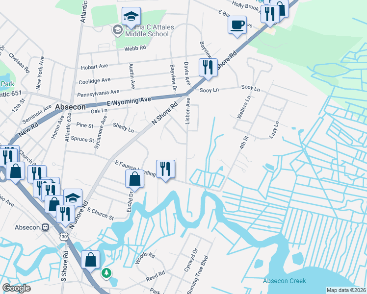 map of restaurants, bars, coffee shops, grocery stores, and more near 7 Ruth Court in Absecon