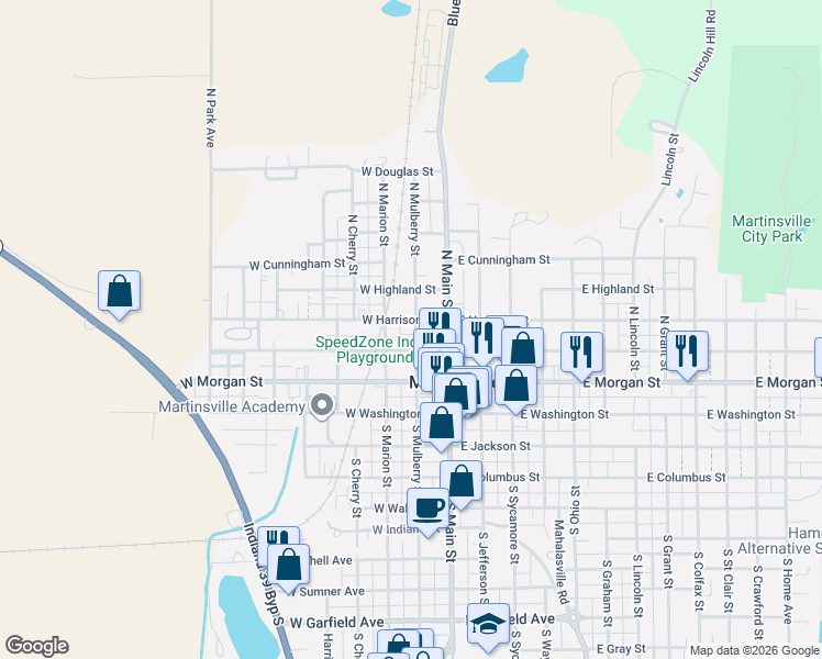 map of restaurants, bars, coffee shops, grocery stores, and more near 110 West Pike Street in Martinsville
