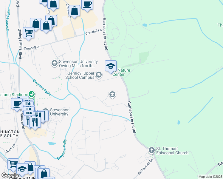 map of restaurants, bars, coffee shops, grocery stores, and more near Goodwin Drive in Owings Mills