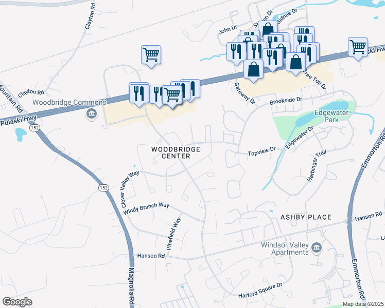 map of restaurants, bars, coffee shops, grocery stores, and more near 1303 Cedar Crest Court in Edgewood