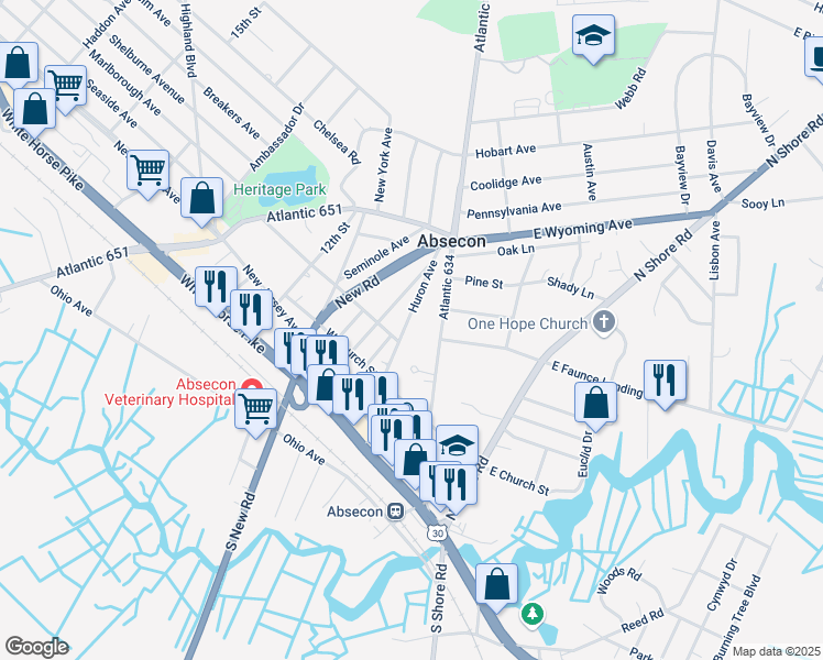 map of restaurants, bars, coffee shops, grocery stores, and more near 231 Pitney Road in Absecon