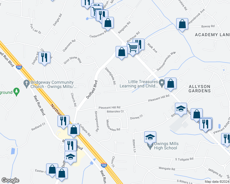 map of restaurants, bars, coffee shops, grocery stores, and more near 212 Gentlebrook Road in Owings Mills