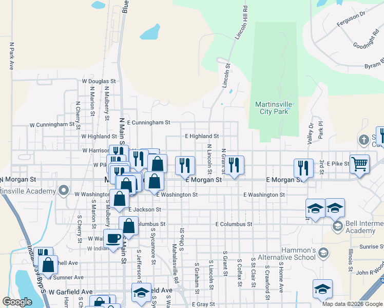 map of restaurants, bars, coffee shops, grocery stores, and more near 510 East Pike Street in Martinsville
