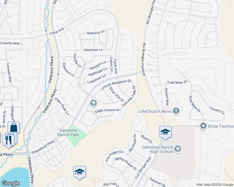 map of restaurants, bars, coffee shops, grocery stores, and more near 10065 Silver Star Drive in Reno