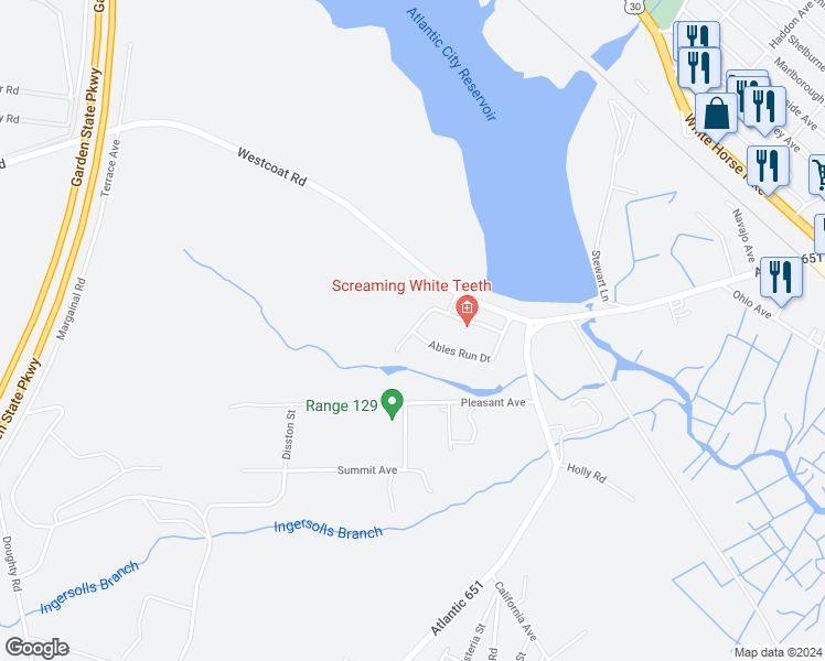 map of restaurants, bars, coffee shops, grocery stores, and more near 52 West Delray Lane in Absecon