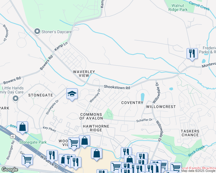 map of restaurants, bars, coffee shops, grocery stores, and more near Shookstown Road in Frederick