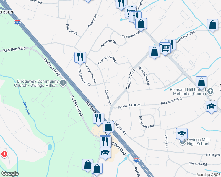 map of restaurants, bars, coffee shops, grocery stores, and more near 6 Stone Wall Court in Owings Mills